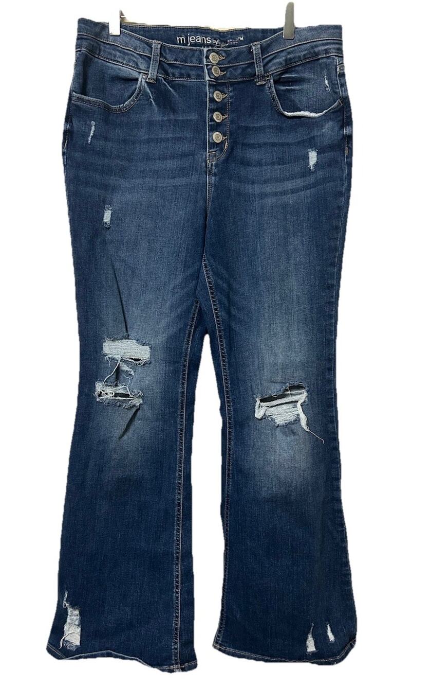 Maurices Everflex High Rise Distressed Flare Jeans Dark Wash Button Fly 14 Reg